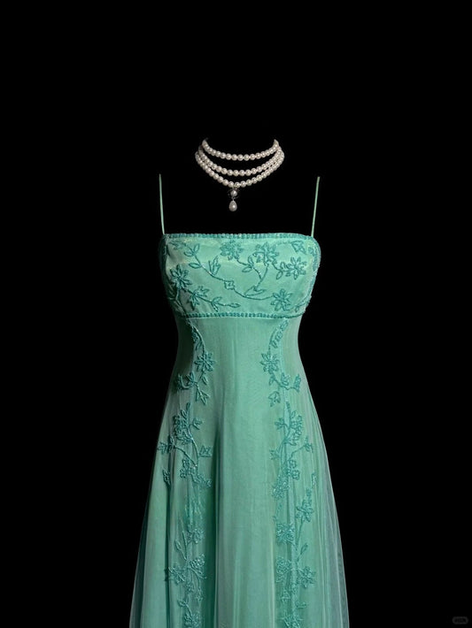 Stunning Green Spaghetti Straps Satin Beading Empire Prom Dresses Vintage Formal Evening Gowns ED02517