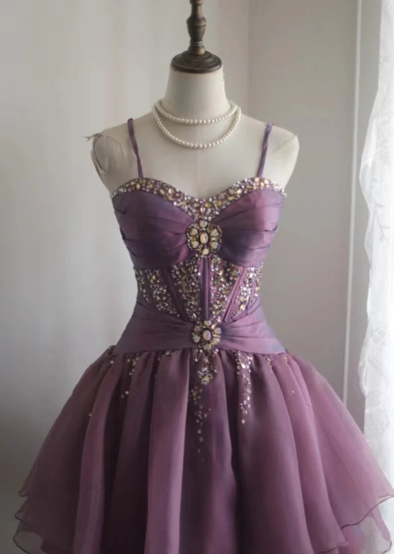 Sweet Spaghetti Straps Purple A-Line Tulle Short Prom Dresses Homecoming Dresses with Rhinestones ED02527