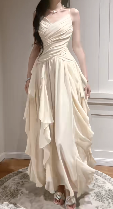 Elegant Apricot Spaghetti Straps A-Line Chiffon Long Prom Dresses Birthday Evening Gowns ED02538