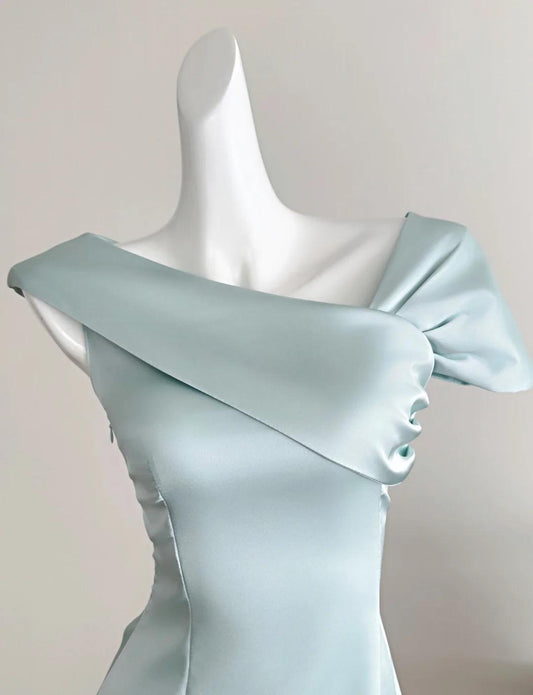 Sweet Tiffany Blue Asymmetric Neck Chiffon A-Line Party Dress ED02541