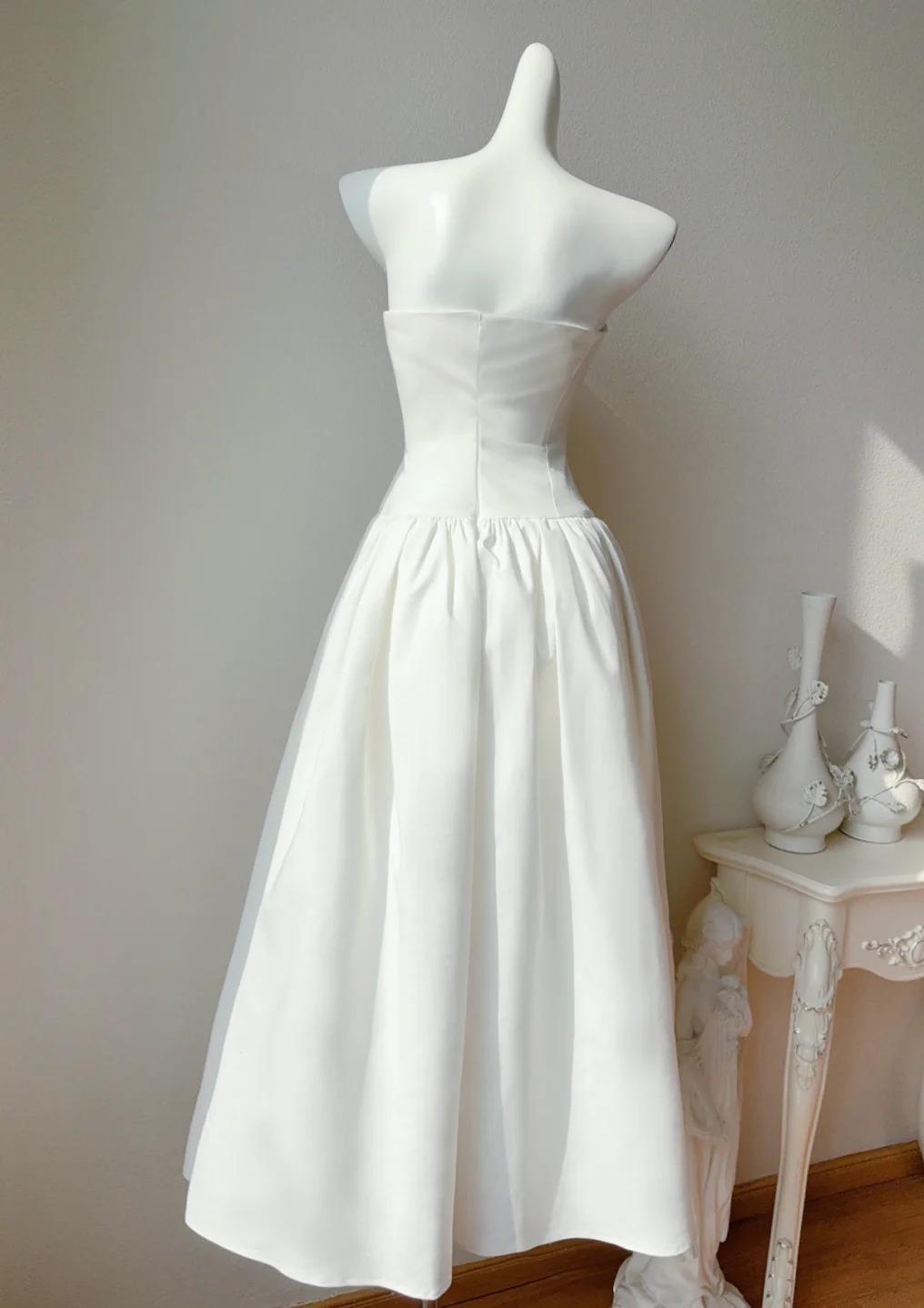 Simple White Strapless A-Line Birthday Party Dress Satin Prom Dresses ED02543