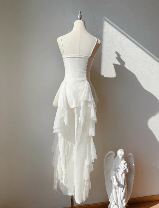 Sweet White Spaghetti Straps Chiffon A-Line Prom Dresses Birthday Evening Gowns ED02545