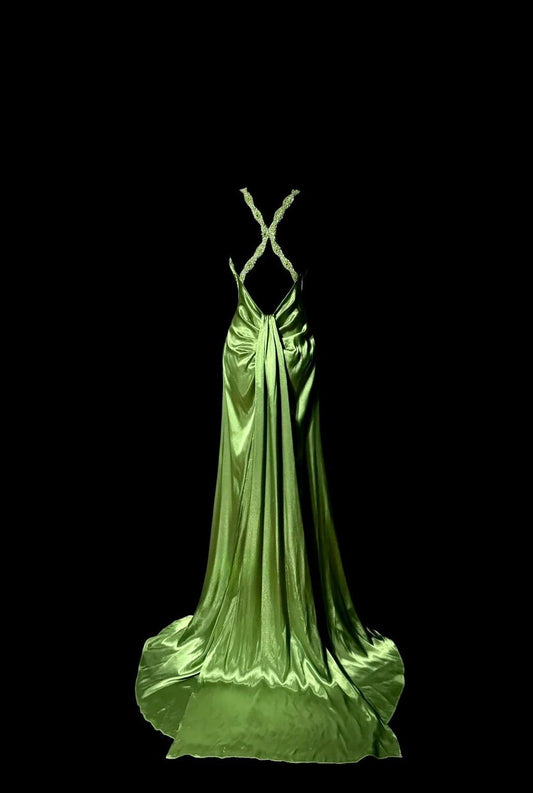 Elegant Green V-neck Satin Mermaid Long Prom Dresses Vintage Beaded Evening Dress ED02549