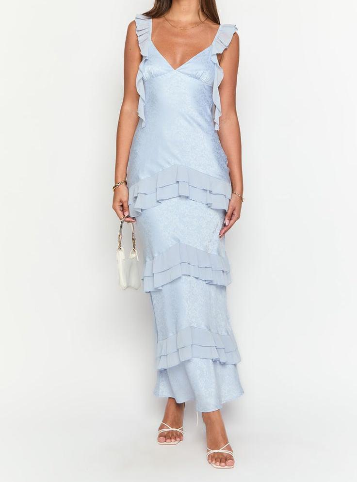 Elegant Grey Blue V-neck Chiffon Sheath Party Dress Formal Evening Gowns ED02561