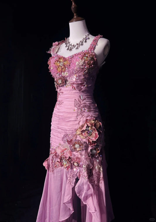 Stunning Mauve Square Neck Mermaid Chiffon Applique Long Prom Dresses Vintage Formal Evening Gowns ED02570