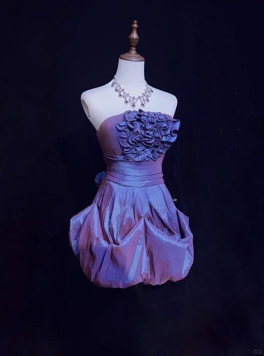 Purple Strapless A-Line Taffeta Short Prom Dresses Homecoming Dresses HZ1024