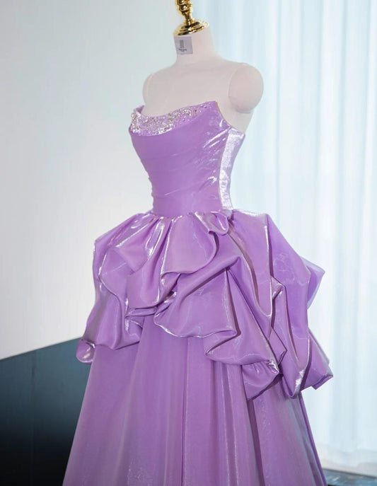 Gorgeous Strapless Purple A-Line Satin Long Prom Dress Formal Evening Gowns ED02586