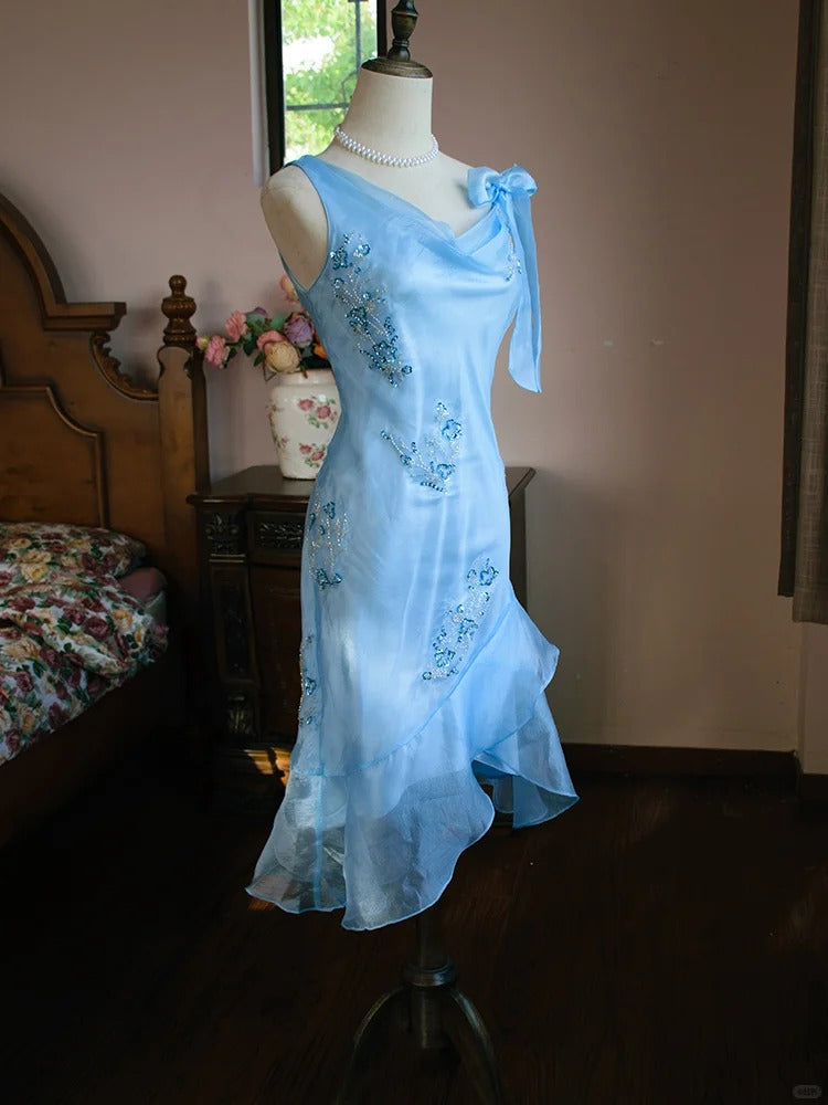 Blue Asymmetric Neck Bodycon Chiffon Beading Short Prom Dress Evening Gowns HZ1024