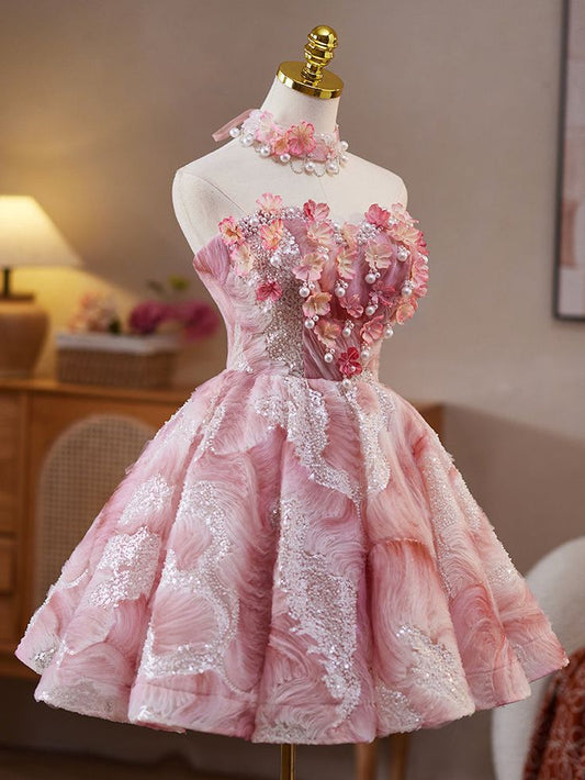 Cute Pink Strapless A-Line Sequined Tulle Short Prom Dresses Homecoming Dress ED02599