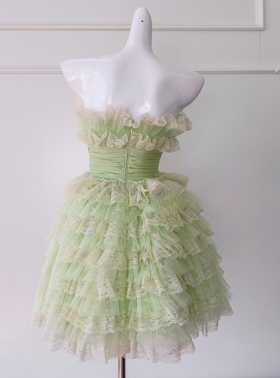 Green Strapless A-Line Tulle Lace Short Prom Dresses Homecoming Dress HZ1024