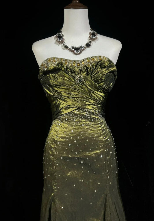 Elegant Green Strapless Mermaid Beaded Satin Long Prom Dresses Formal Evening Gowns ED02610