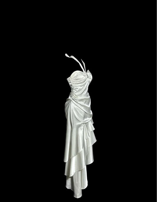 Elegant White Halter Sheath Satin Prom Dresses Formal Evening Gowns ED02624