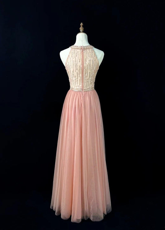 Sweet Blush Pink Round Neck A-Line Tulle Beaded Long Prom Dresses Birthday Evening Gowns ED02628