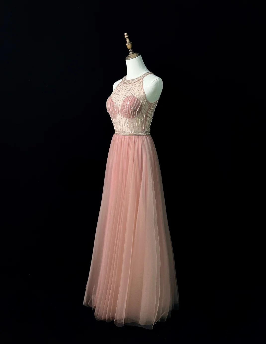 Sweet Blush Pink Round Neck A-Line Tulle Beaded Long Prom Dresses Birthday Evening Gowns ED02628