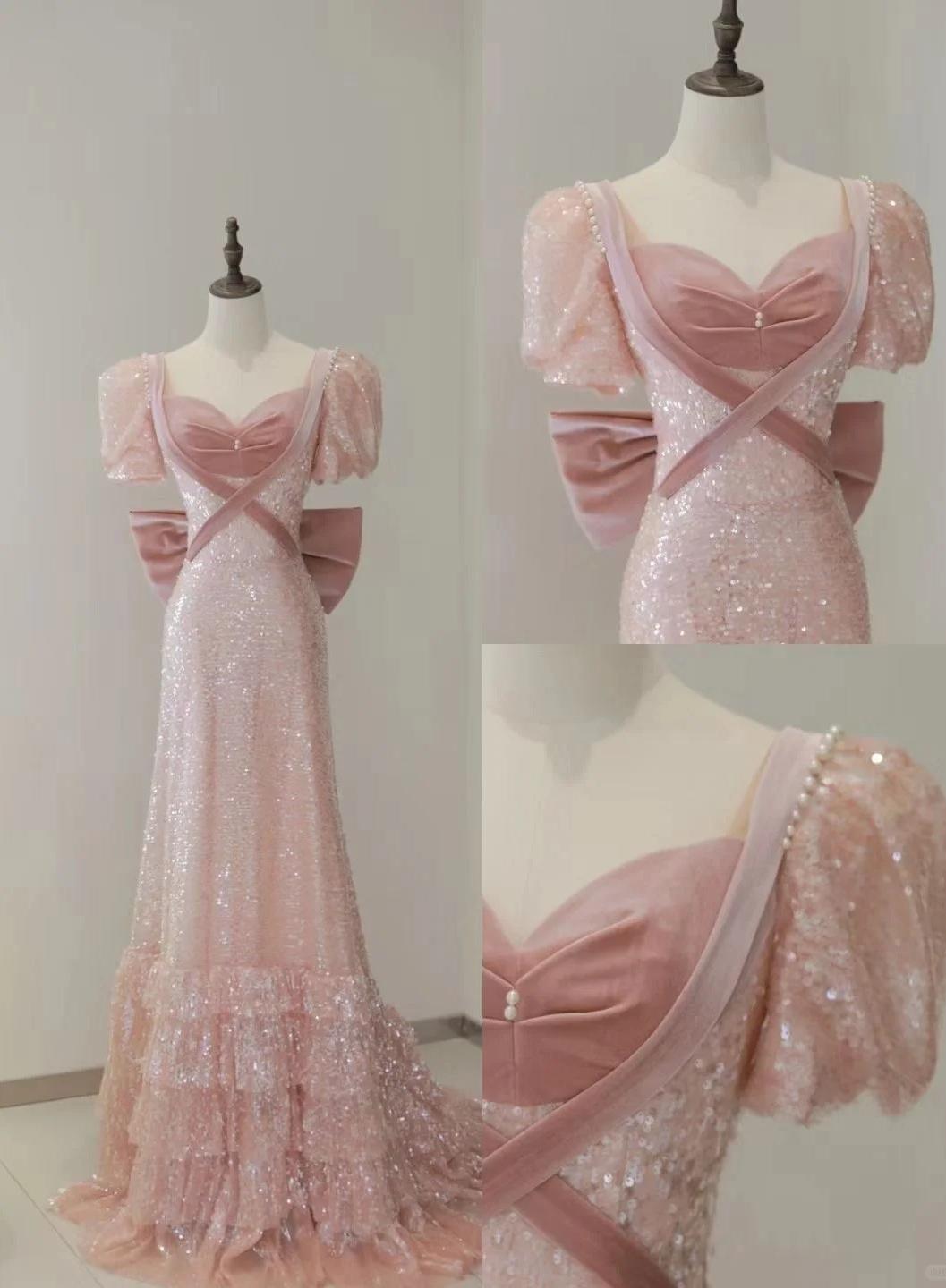 Elegant Pink A-Line Sweetheart Neck Sequins Long Prom Dresses Formal Evening Gowns ED02629