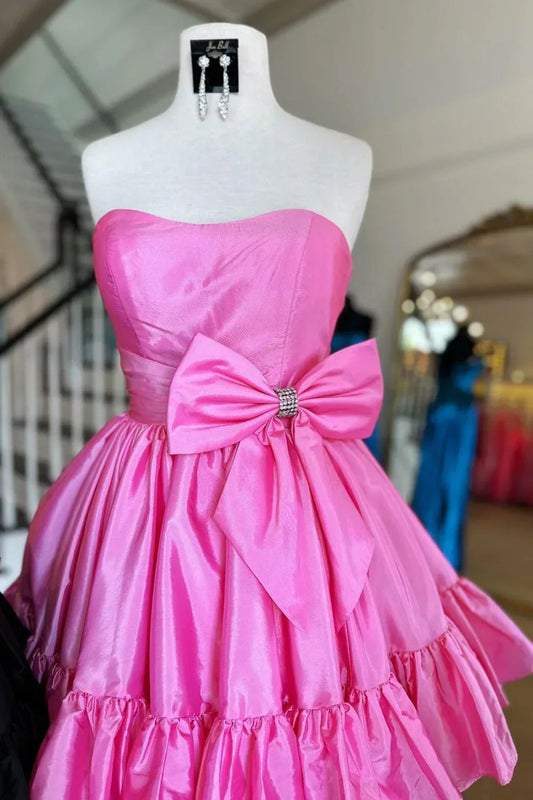 Pink Strapless A-line Satin Short Prom Dresses Homecoming Dress With Bow HZ1024