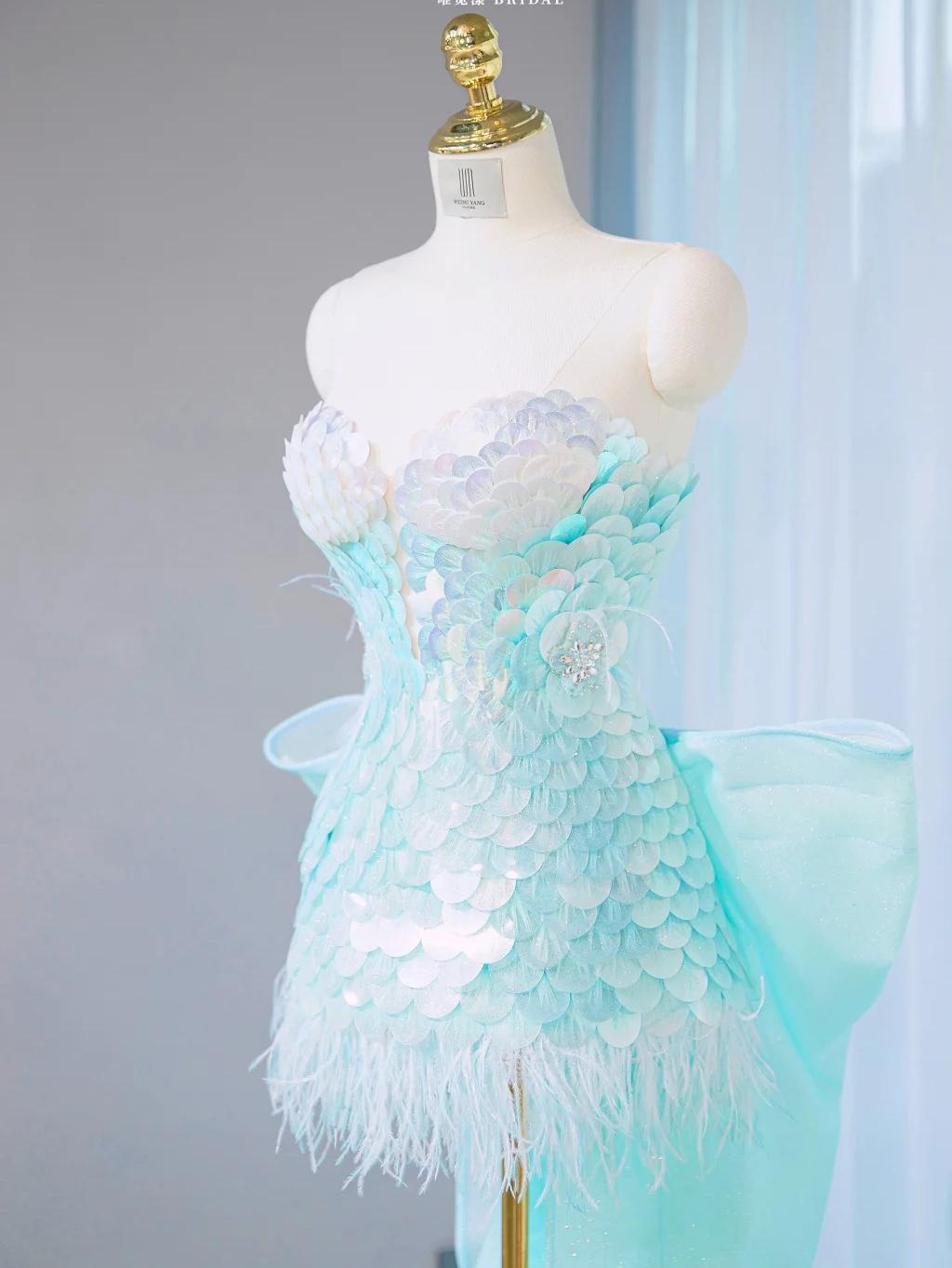 Ice Blue Strapless Bodycon Sequin Short Prom Dresses Homecoming Dress with Bow HZ1024