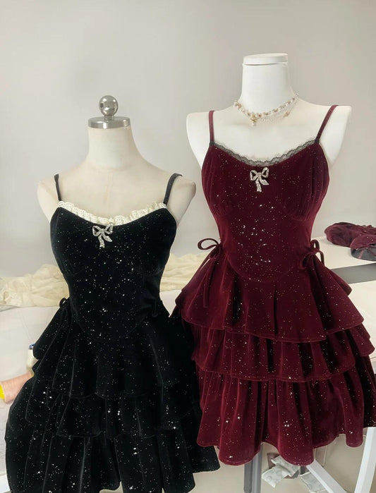 Burgundy/Black Spaghetti Straps Glitter Velvet A-Line Short Evening Gowns Sweet Homecoming Dress HZ1024