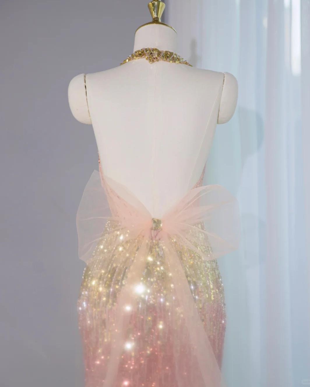 Ombre Peach Tulle V-Neck Mermaid Gold Sequins Long Prom Dresses Glam Formal Evening Dress HZ1024