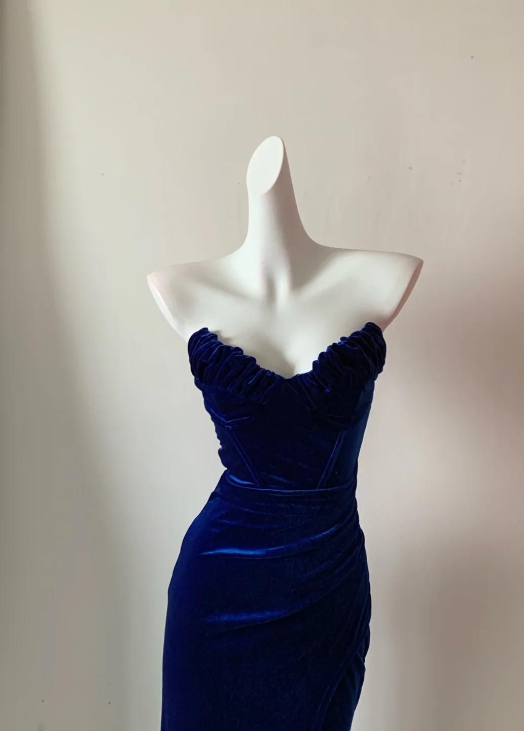 Elegant Navy Blue Strapless Mermaid Velvet Long Prom Dresses Formal Evening Gowns ED02681