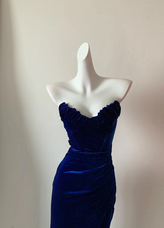 Elegant Navy Blue Strapless Mermaid Velvet Long Prom Dresses Formal Evening Gowns ED02681