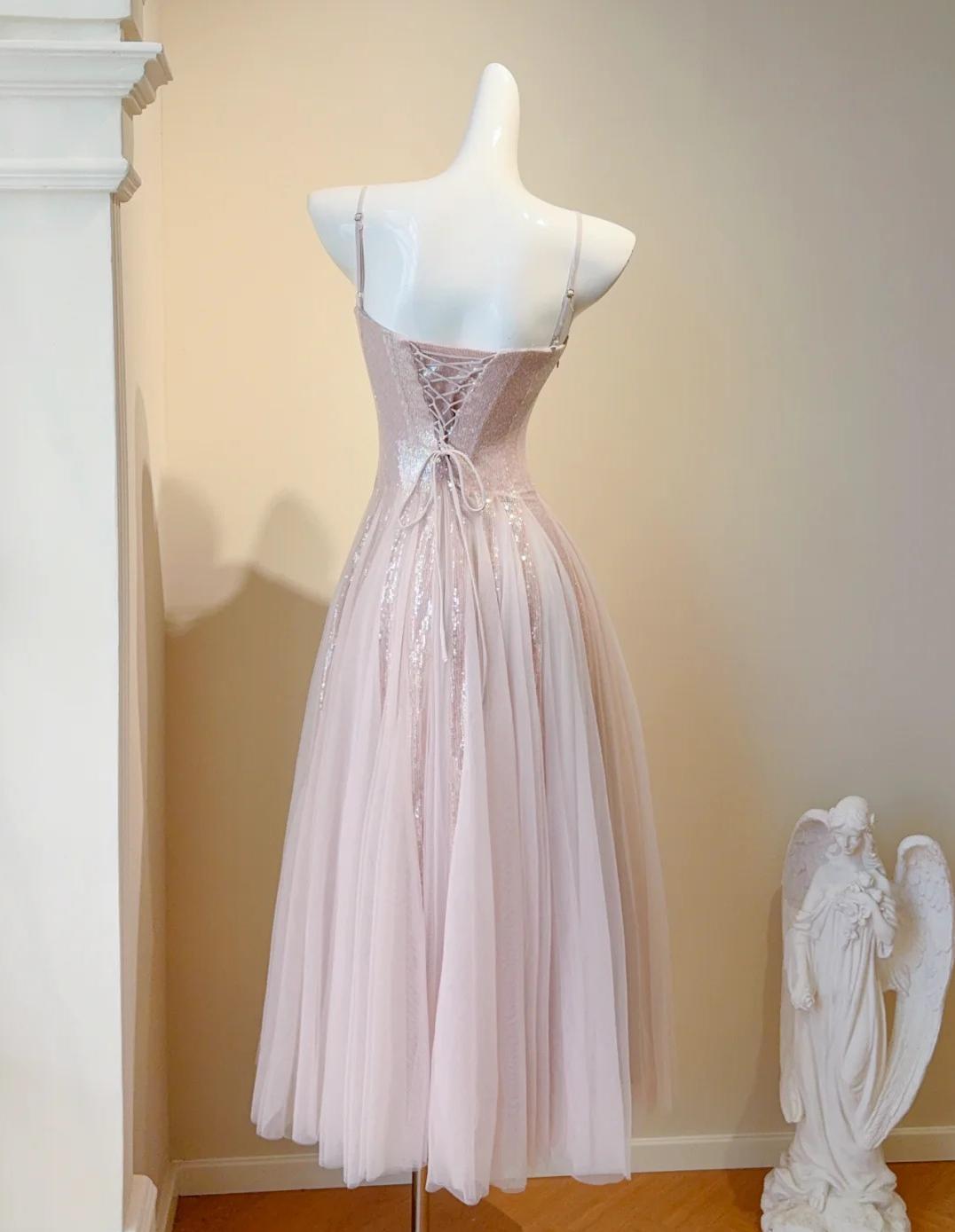 Blush Pink Spaghetti Straps A-Line Sequin Tulle Long Prom Dresses Birthday Evening Gowns HZ1024