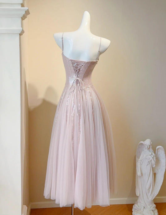 Sweet Blush Pink Spaghetti Straps A-Line Sequin Tulle Long Prom Dresses Birthday Evening Gowns ED02685