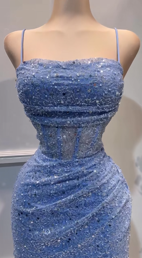 Sexy Glitter Blue Spaghetti Straps Bodycon Tulle Lace Short Prom Dresses Birthday Party Dress with Sequins ED02686