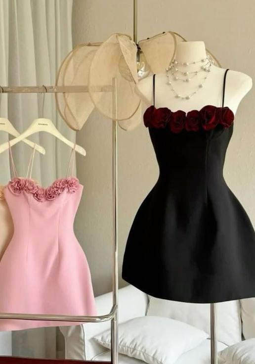 Glam Spaghetti Straps A-Line Satin Prom Dresses Short Party Dress with Applique ED02687
