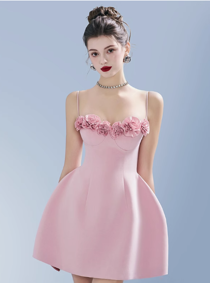 Glam Spaghetti Straps A-Line Satin Prom Dresses Short Party Dress with Applique ED02687