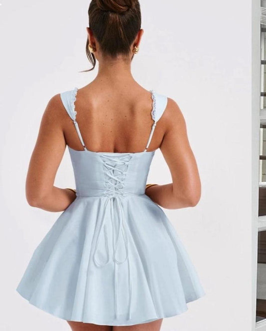 Simple Blue Square Neck A-Line Satin Short Prom Dresses Sweet Homecoming Dress ED02689