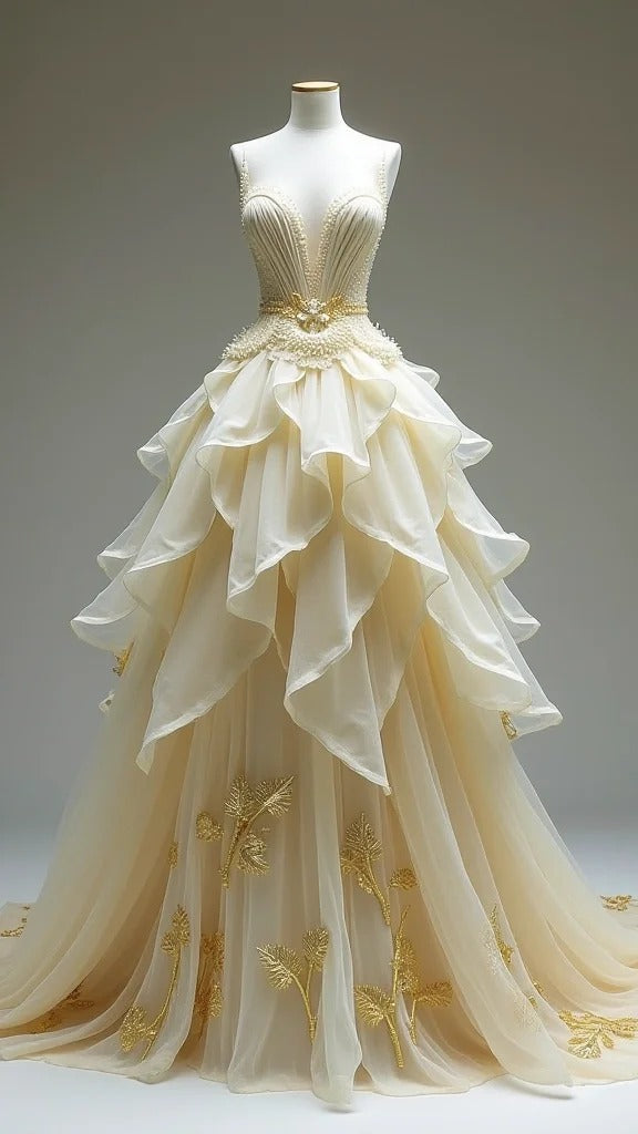 Apricot Deep V Neck A-Line Layered Tulle Long Prom Dresses Formal Evening Gowns HZ1024