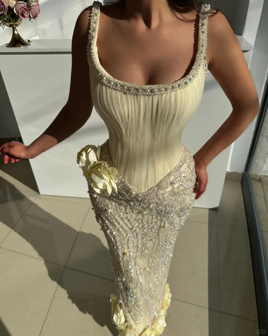 Butter Yellow Square Neck Sheath Chiffon Beaded Long Prom Dresses Formal Evening Gowns HZ1024