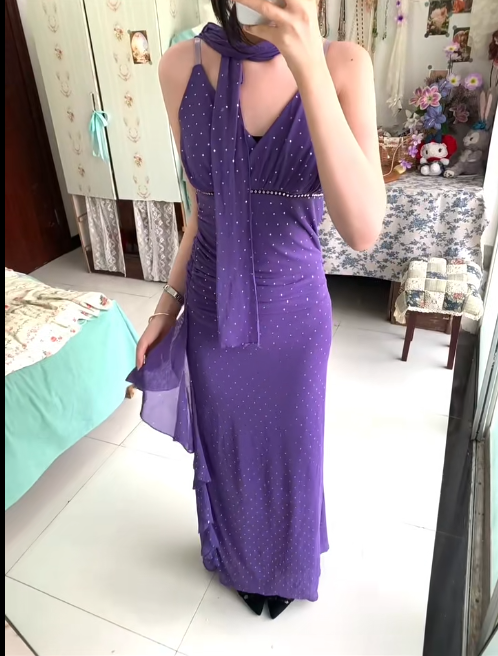 Vintage Purple Spaghetti Straps Sheath Chiffon Ruffle Party Dress Y2K Formal Evening Gowns ED02755