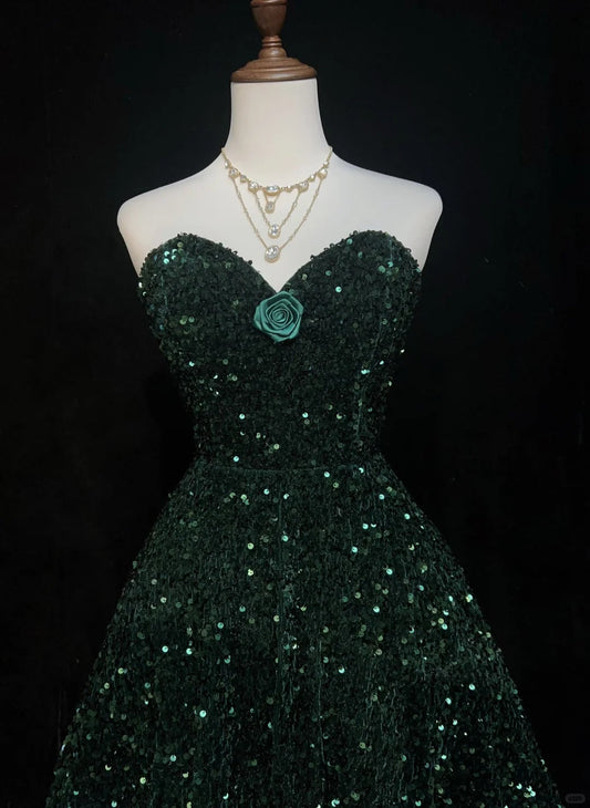Sweet Dark Green Sweetheart Neck A-Line Sequin Short Prom Dresses Homecoming Dresses ED02798
