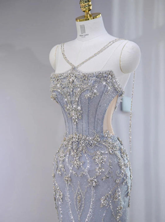Gorgeous Lilac Strapless Mermaid Tulle Rhinestone Long Prom Dresses Formal Evening Gowns ED02809