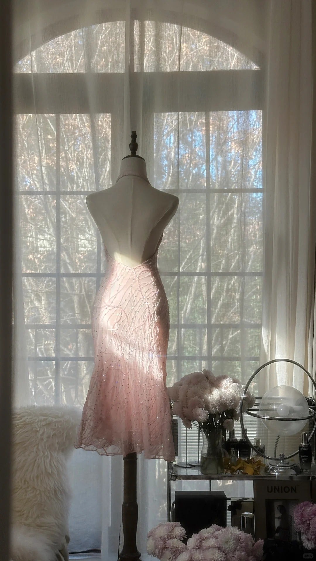 Sweet Pink Halter Collar Bodycon Chiffon Short Prom Dresses Vintage Party Dress with Beading ED02821