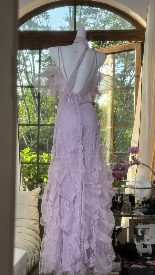 Gorgeous Light Taro Purple V-neck Sheath Tulle Lace Long Prom Dresses Formal Evening Gowns with Open Back ED02833