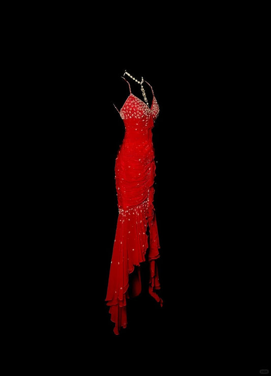 Stunning Red Spaghetti Straps Mermaid Chiffon Long Prom Dresses Vintage Evening Gowns with Beading ED02837