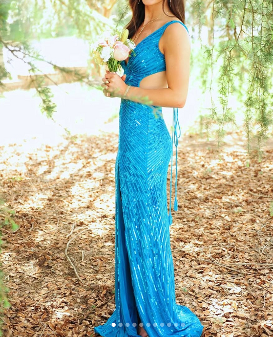 Elegant Blue V-neck Sheath Sequins Long Prom Dresses Formal Backless Evening Gowns with Slits ED02846