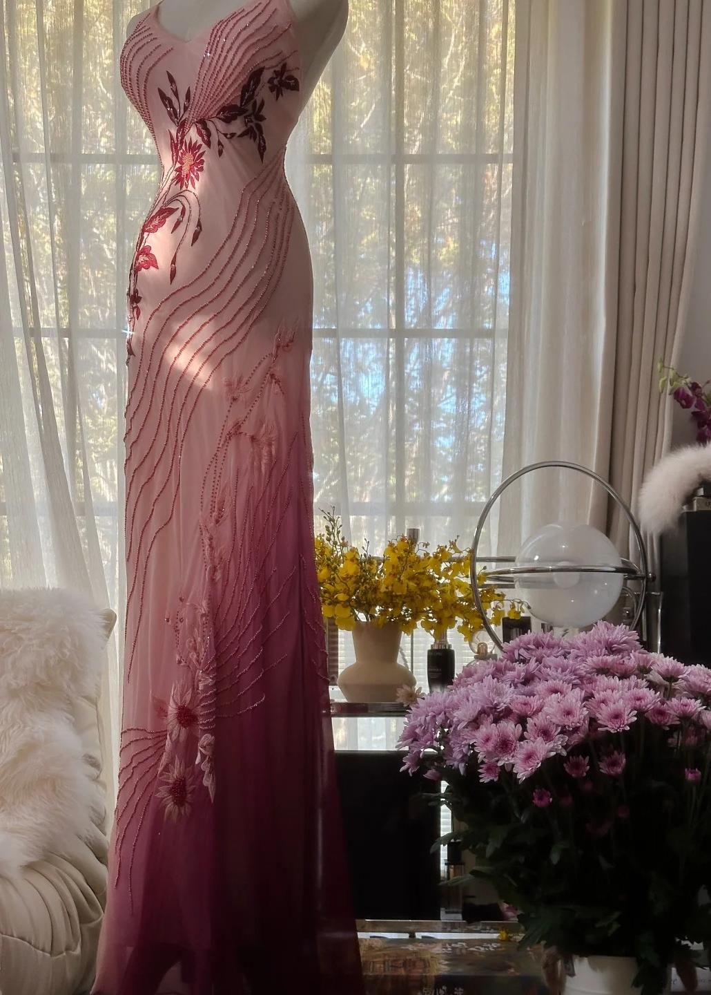 Elegant Pink Spaghetti Straps Mermaid Chiffon Beading Long Prom Dresses Vintage Evening Gowns ED02860