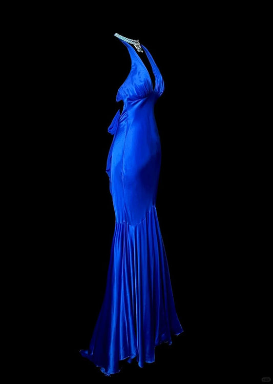 Stunning Blue V Neck Mermaid Satin Long Prom Dresses Formal Evening Gowns with Open Back ED02877