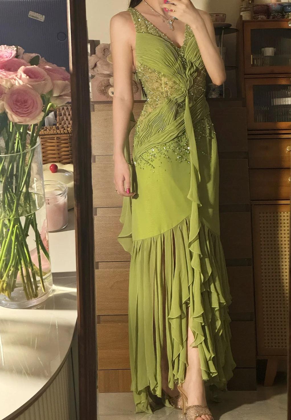 Vintage Olive Green V-Neck Sheath Beaded Chiffon Long Prom Dresses Formal Evening Gowns ED02878
