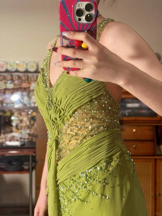 Vintage Olive Green V-Neck Sheath Beaded Chiffon Long Prom Dresses Formal Evening Gowns ED02878
