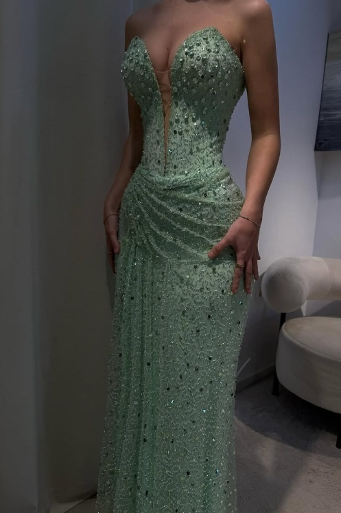 Stunning Green Sweetheart Neck Sheath Tulle Beading Long Prom Dresses Formal Evening Gowns with Sequins ED02880