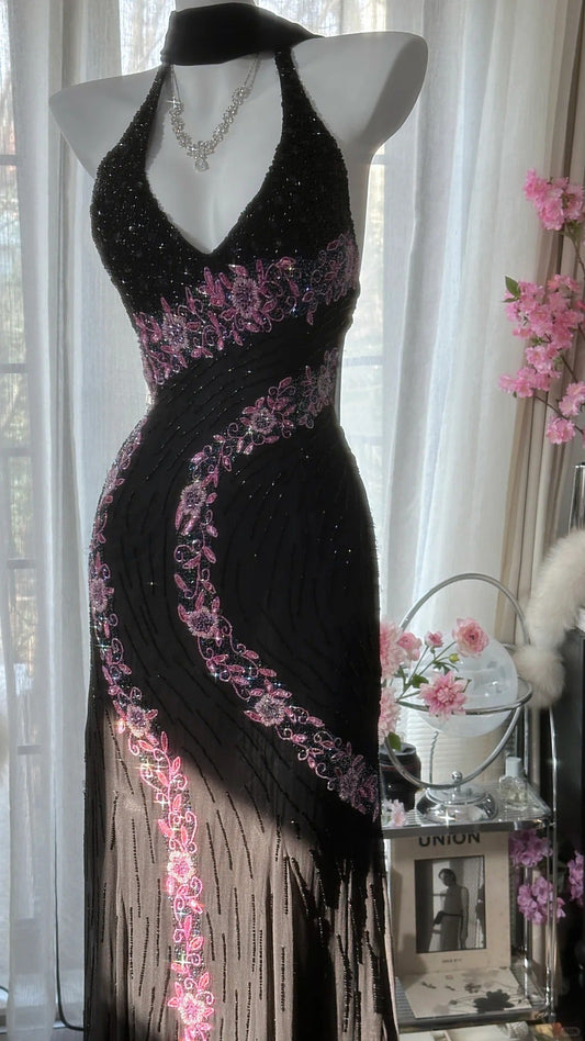 Elegant Black V-neck Sheath Chiffon Beading Long Prom Dresses Vintage Evening Gowns ED02887