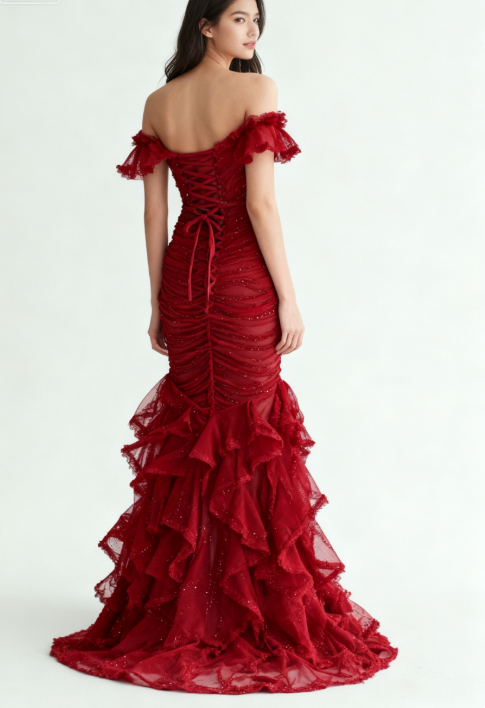 Burgundy Off-shoulder Mermaid Tulle Sequins Long Prom Dresses Formal Evening Gowns HZ1024