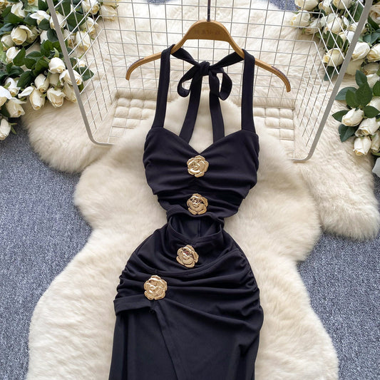Elegant Black Halterneck Bodycon Satin Long Evening Gowns ED02921