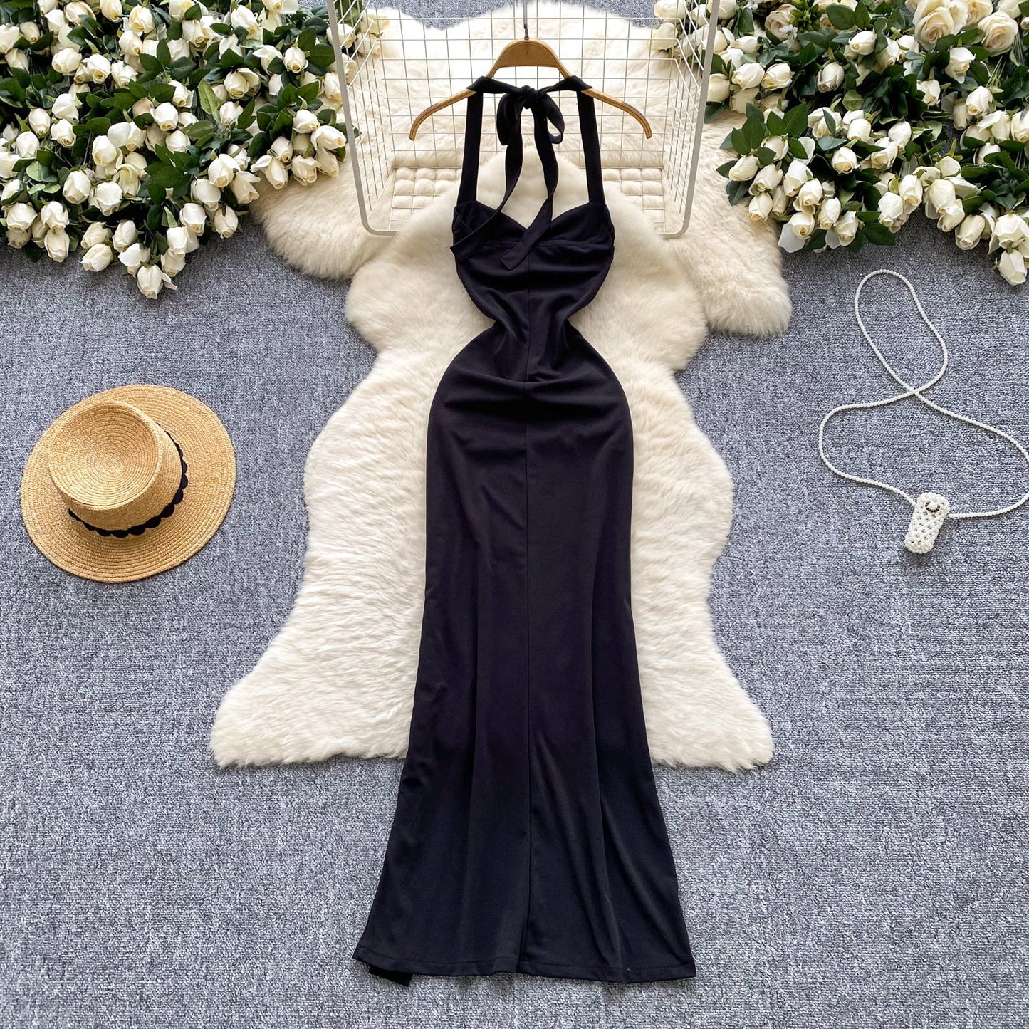 Elegant Black Halterneck Bodycon Satin Long Evening Gowns ED02921