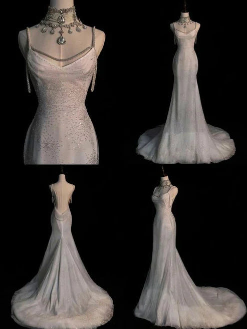 Elegant White Spaghetti Straps Mermaid Tulle Evening Gown Shiny Trailing Wedding Dress ED02937